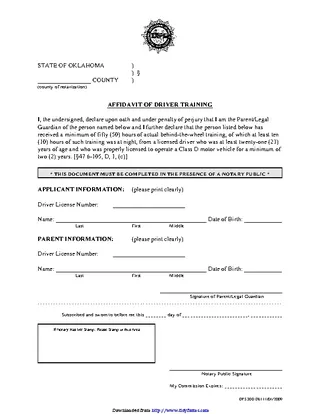 Oklahoma Affidavit Of Driver Training Form