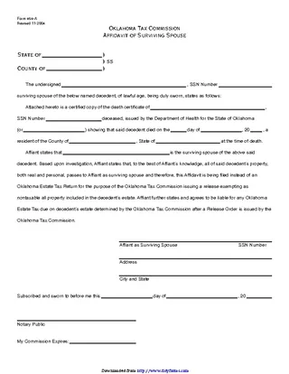 Oklahoma Affidavit Of Surviving Spouse Form