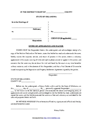 Oklahoma Entry Of Appearance And Waiver Form