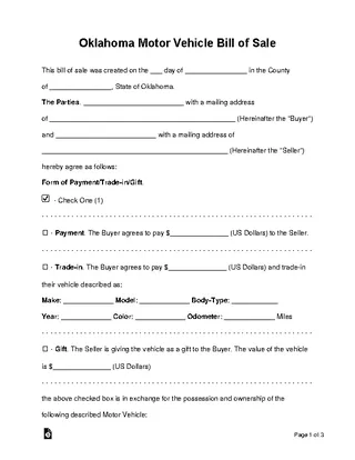 Forms Oklahoma Motor Vehicle Bill Of Sale Template