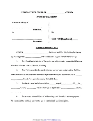 Oklahoma Petition For Divorce Form