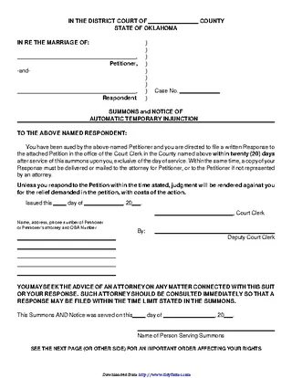 Forms Oklahoma Summons And Notice Of Automatic Temporary Injunction Form