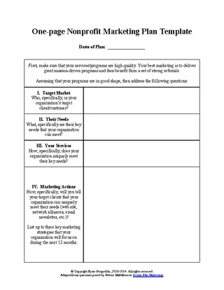 Forms One Page Nonprofit Marketing Plan Template