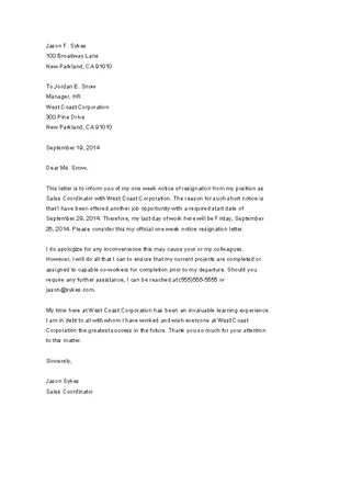 One Week Notice Letter Sample Template