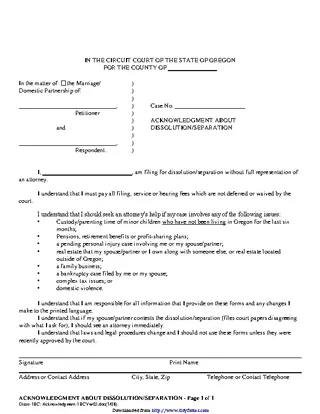 Forms Oregon Acknowledgment About Dissolution Separation Form