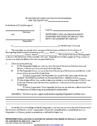 Oregon Declaration In Support Of Motion For Order Of Default Form