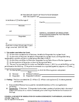 Forms Oregon General Judgment Of Dissolution And Money Award With Children Form
