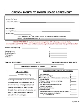 Oregon Month To Month Rental Agreement Template