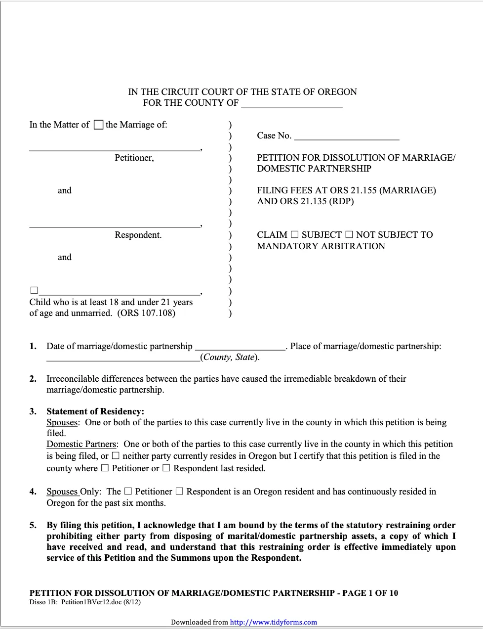 Oregon Petition For Dissolution Of Marriage Domestic Partnership With Children Form