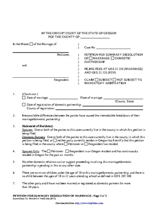 Oregon Petition For Summary Dissolution Form