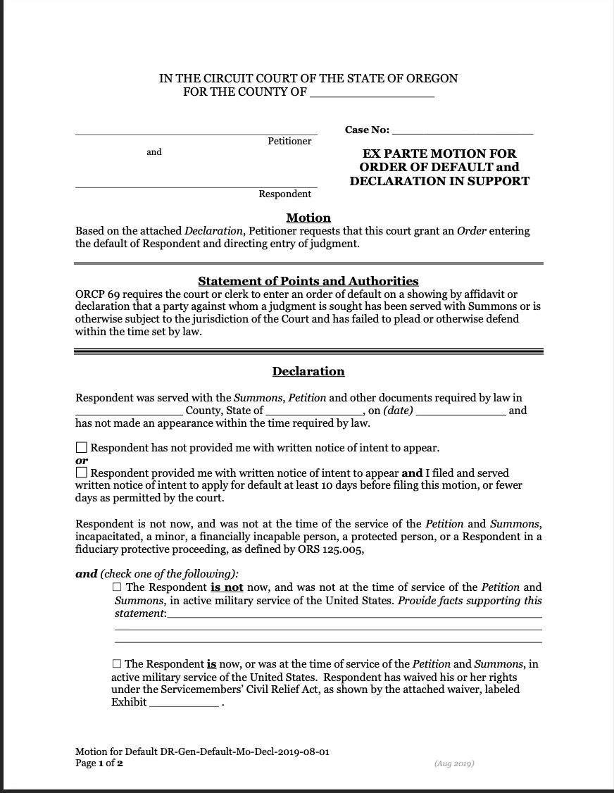 Oregon Petitioners Motion For Default Order And Entry Of Judgment By Default Form