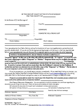 Forms Oregon Summons Domestic Relations Suit Form