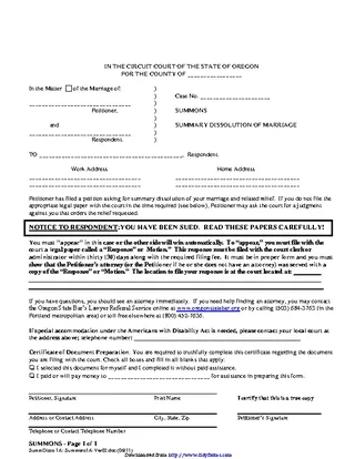 Forms Oregon Summons Summary Dissolution Of Marriage Form