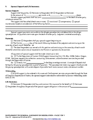 Oregon Supplement To General Judgment Of Dissolution Form