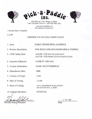 Paddle Table Tennis Certificate