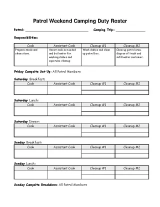 Forms Patrol Weekend Camping Duty Roster Template