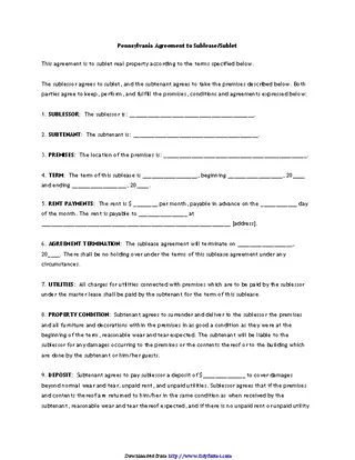 Pennsylvania Agreement To Sublease Sublet