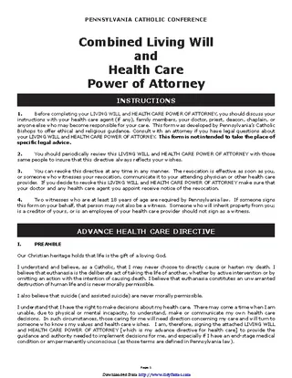 Forms Pennsylvania Combined Living Will And Health Care Power Of Attorney Form