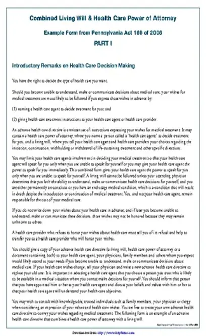 Pennsylvania Durable Health Care Power Of Attorney Form 1 - PDFSimpli
