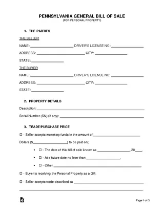 Forms Pennsylvania General Personal Property Bill Of Sale