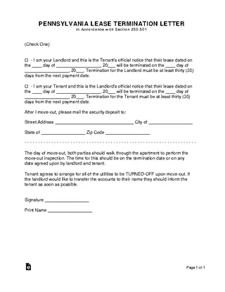 Pennsylvania Lease Termination Letter Form