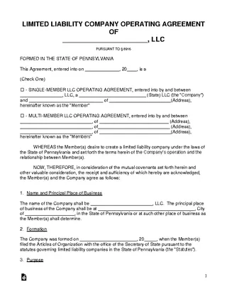 Forms Pennsylvania Llc Operating Agreement Template