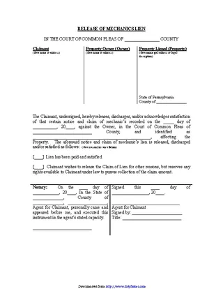 Pennsylvania Mechanics Lien Release Form