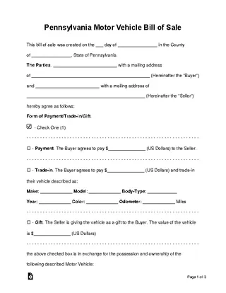Forms Pennsylvania Motor Vehicle Bill Of Sale Template