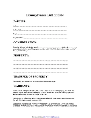 Pennsylvania Property Bill Of Sale Form