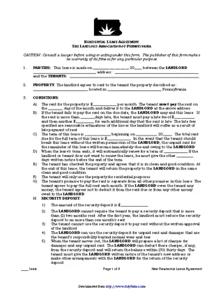 Pennsylvania Residential Lease Agreement Landlord Association