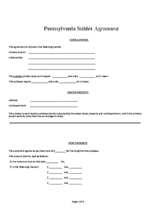 Forms Pennsylvania Sublet Agreement Form
