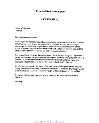 Personal Reference Letter