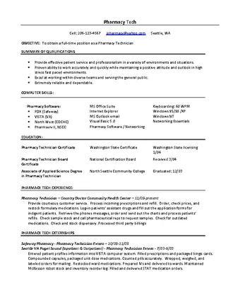 Forms Pharmacy Technician Resume
