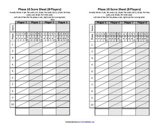 Phase 10 Score Sheet 8 Players