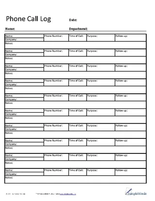 Phone Call Log Sheet Template