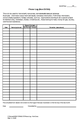 Phone Log Template Non Dv Or Sa