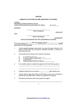 Prince Edward Island Affidavit On Motion For The Assignment Of Counsel Form