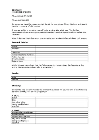 Printable Club Application Form Template Free Download