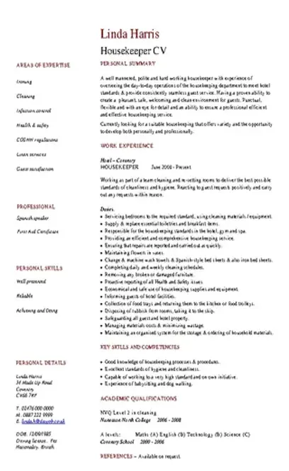 Professional Housekeeper Resume - PDFSimpli