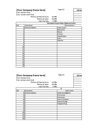 Project Estimate Spreadsheet Template Excel Free Editable