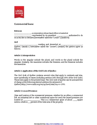 Quebec Commercial Lease Agreement Form