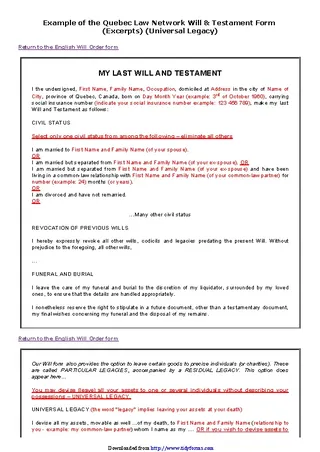 Quebec Last Will And Testament Form