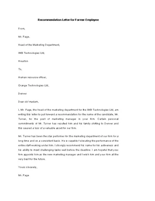 Recommendation Letter Template For Former Employee