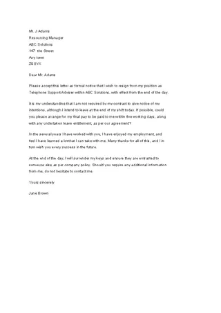 Resignation Letter Example Without Notice Period