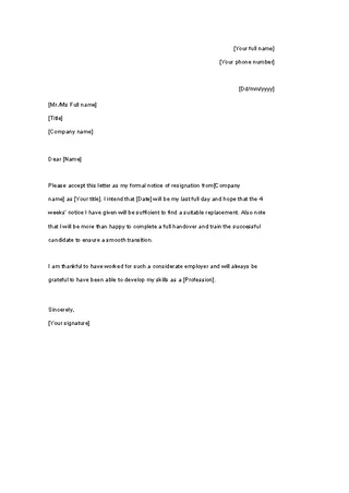 Forms Resignation Letter With 4 Weeks Notice