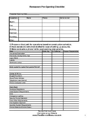 Forms Restaurant Pre Opening Checklist Template