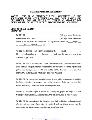 Forms Rhode Island Marital Settlement Agreement Form