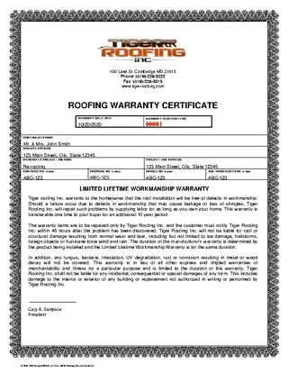 Roofing Warranty Certificate Template