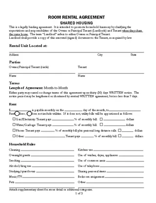 Room Rental Agreement Template