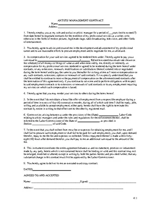 Sample Artist Management Contract
